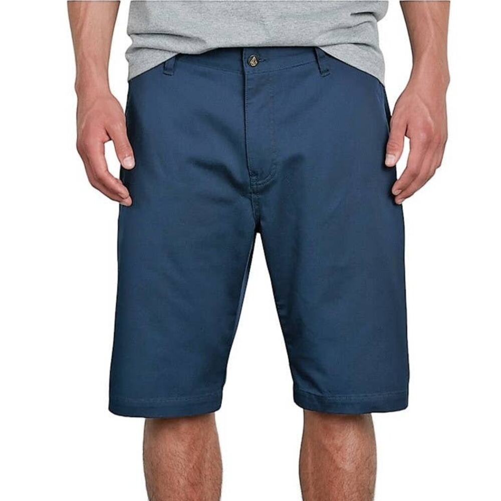 VOLCOM VMonty Men's Blue Chino Stretch Flat Front Dark Navy Shorts ~ Size 28